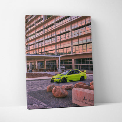 Mitsubishi Evo 9 bright green sports car in urban setting vertical canvas wall art.