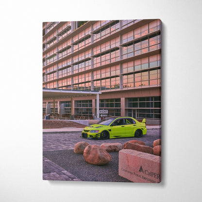 Mitsubishi Evo 9 green sports car canvas art with urban building background wall art.