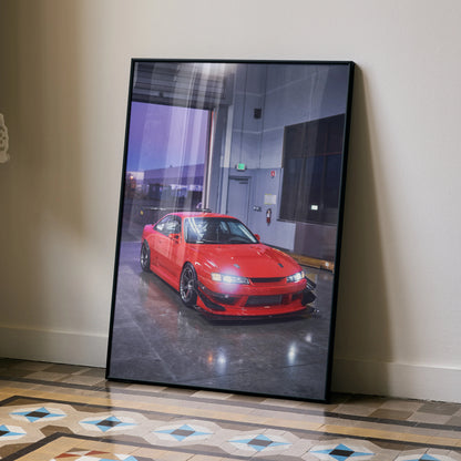 Red Nissan 240sx S14 Kouki car poster leaning against wall, automotive wall art decor.