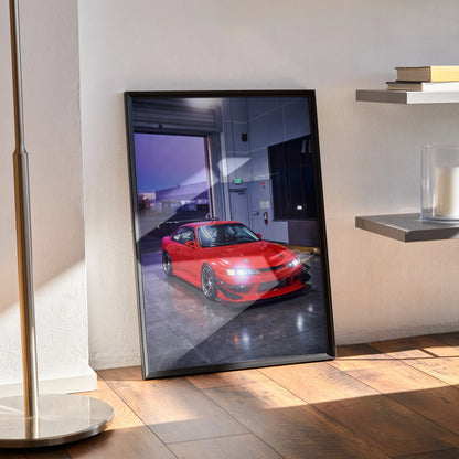 Nissan 240sx S14 Kouki red sports car poster leaning against wall, automotive wall art with urban night scene.