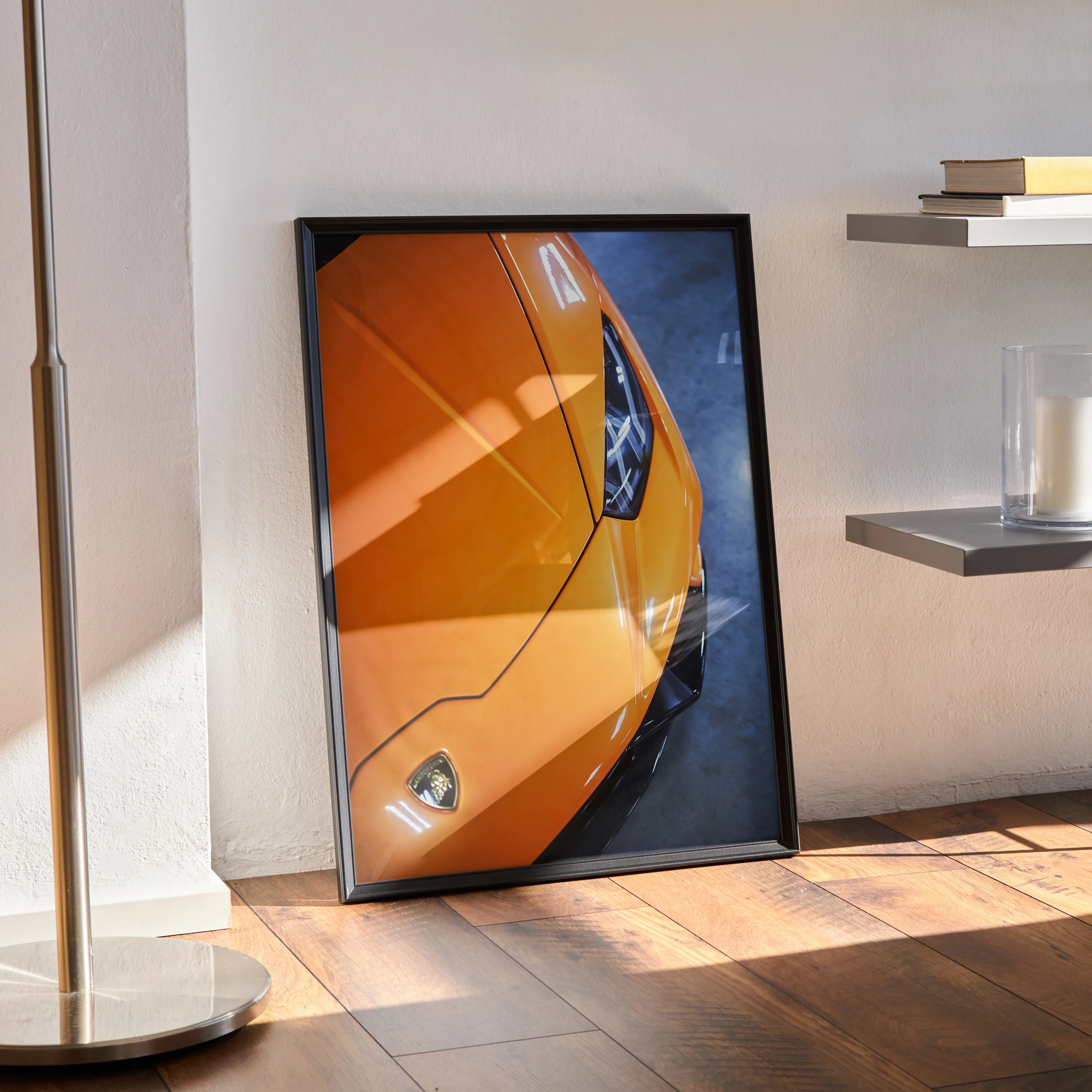 Lamborghini Huracan close-up poster with vibrant orange sports car detail wall art in black frame.
