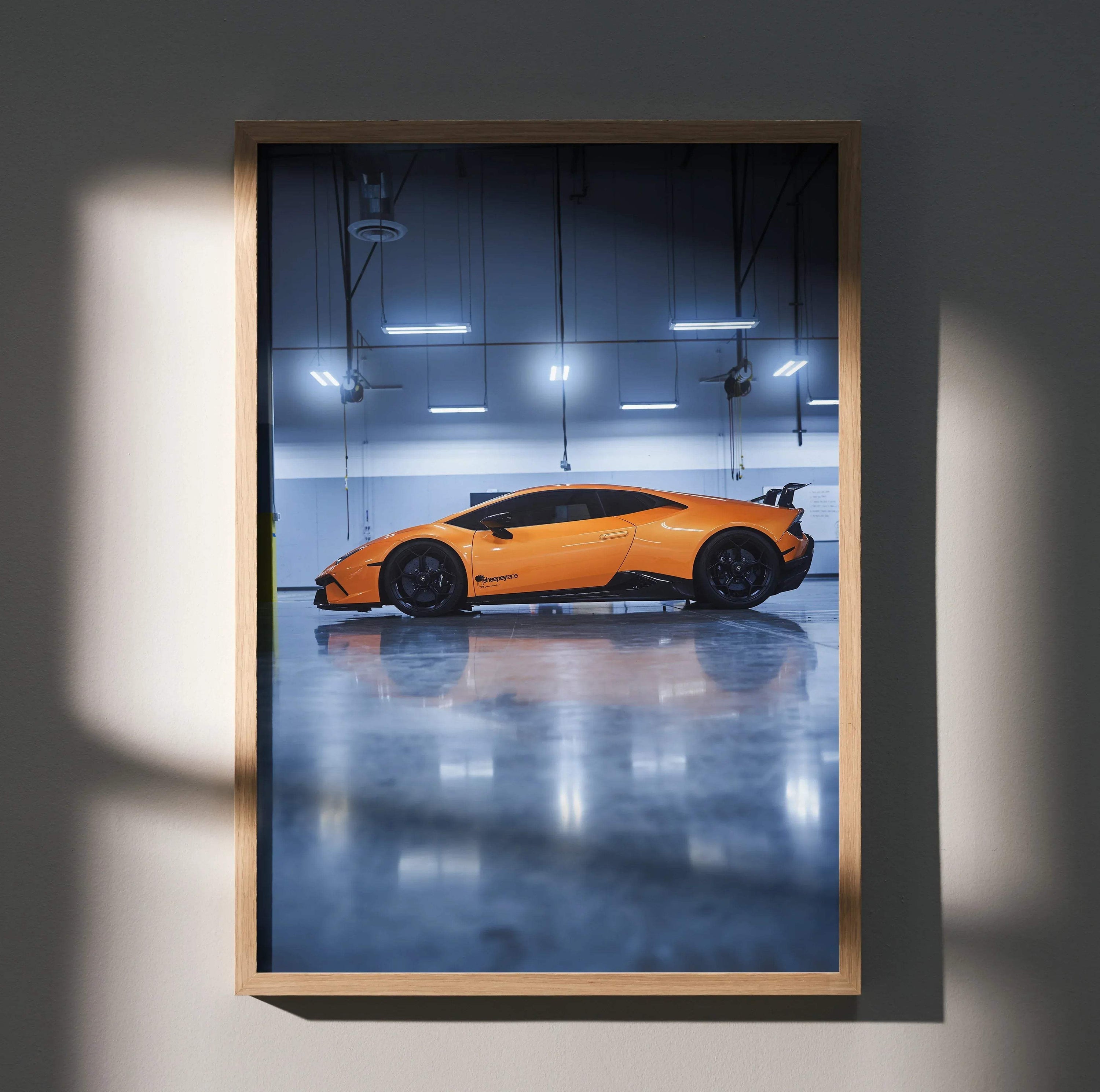 Lamborghini Huracan orange sports car poster framed as premium wall art print.