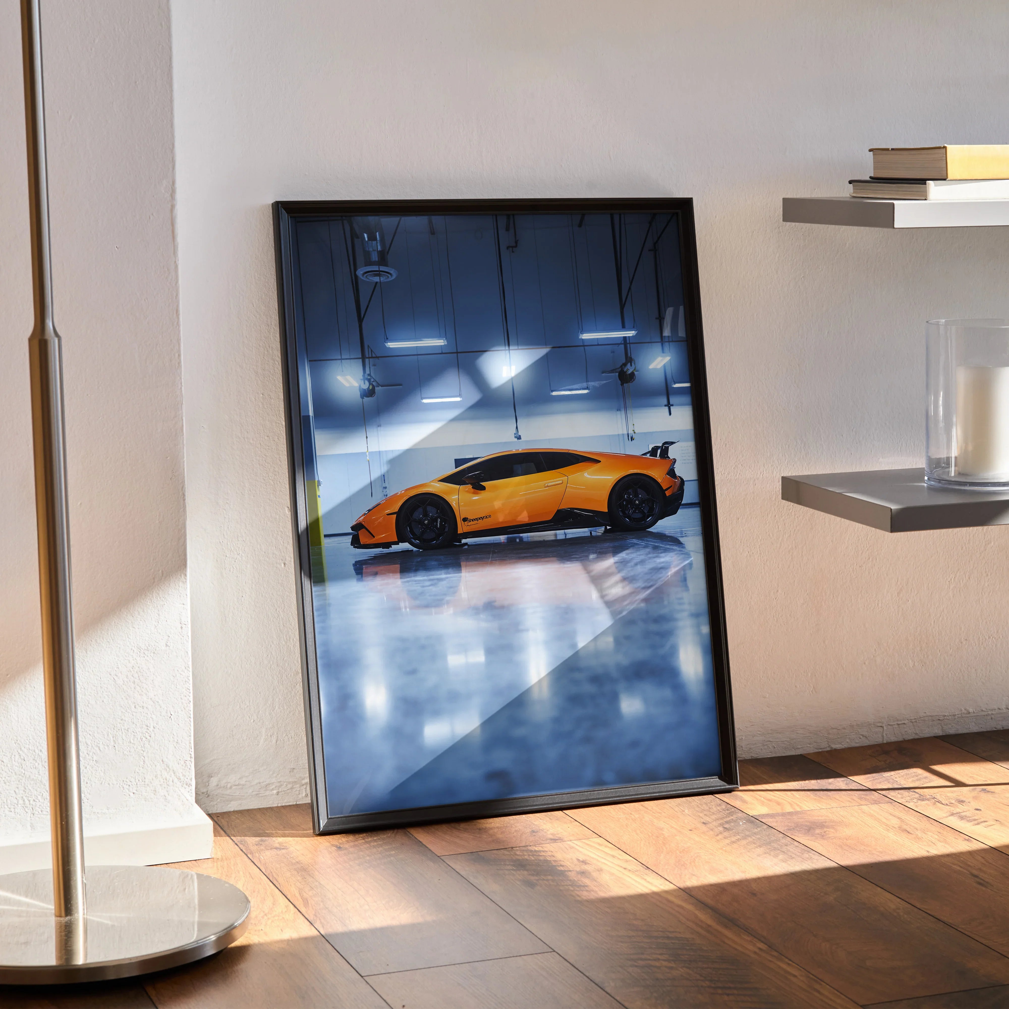 Lamborghini Huracan orange sports car poster leaning on floor, modern wall art print.