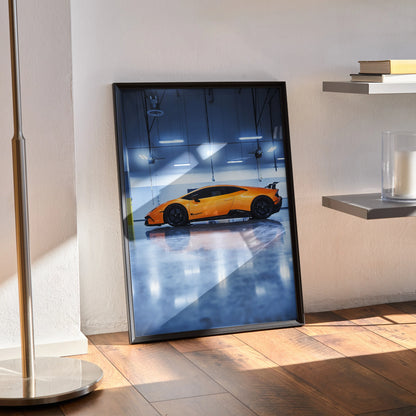 Lamborghini Huracan orange sports car poster leaning on floor, modern wall art print.