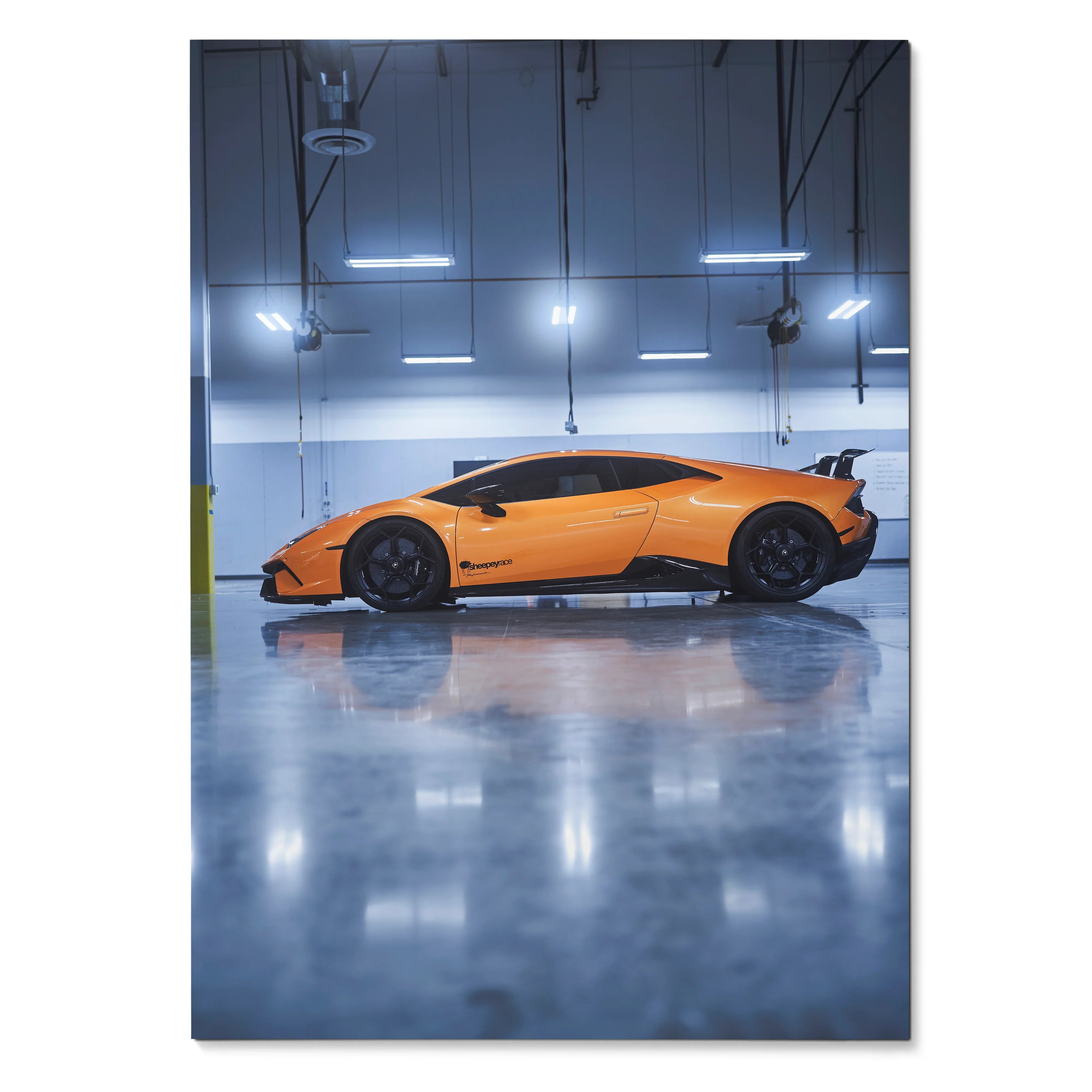 Orange Lamborghini Huracan in high-gloss garage setting, automotive poster wall art.