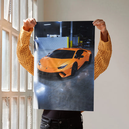 Lamborghini Huracan poster with orange supercar in sleek indoor setting, high-resolution wall art.