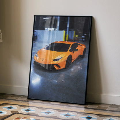 Lamborghini Huracan orange sports car poster leaning against wall, high gloss wall art.