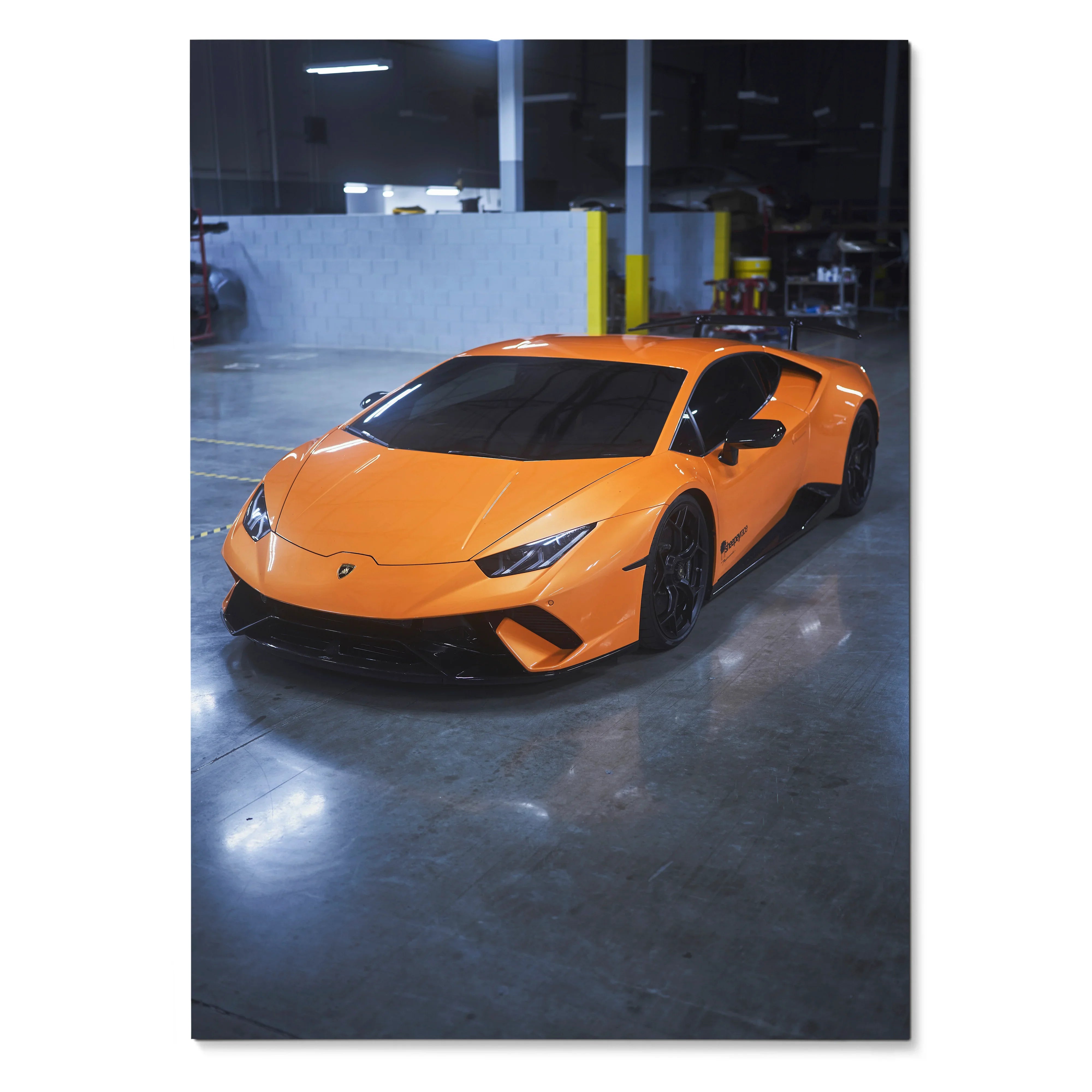Lamborghini Huracan bright orange sports car sleek design poster wall art.