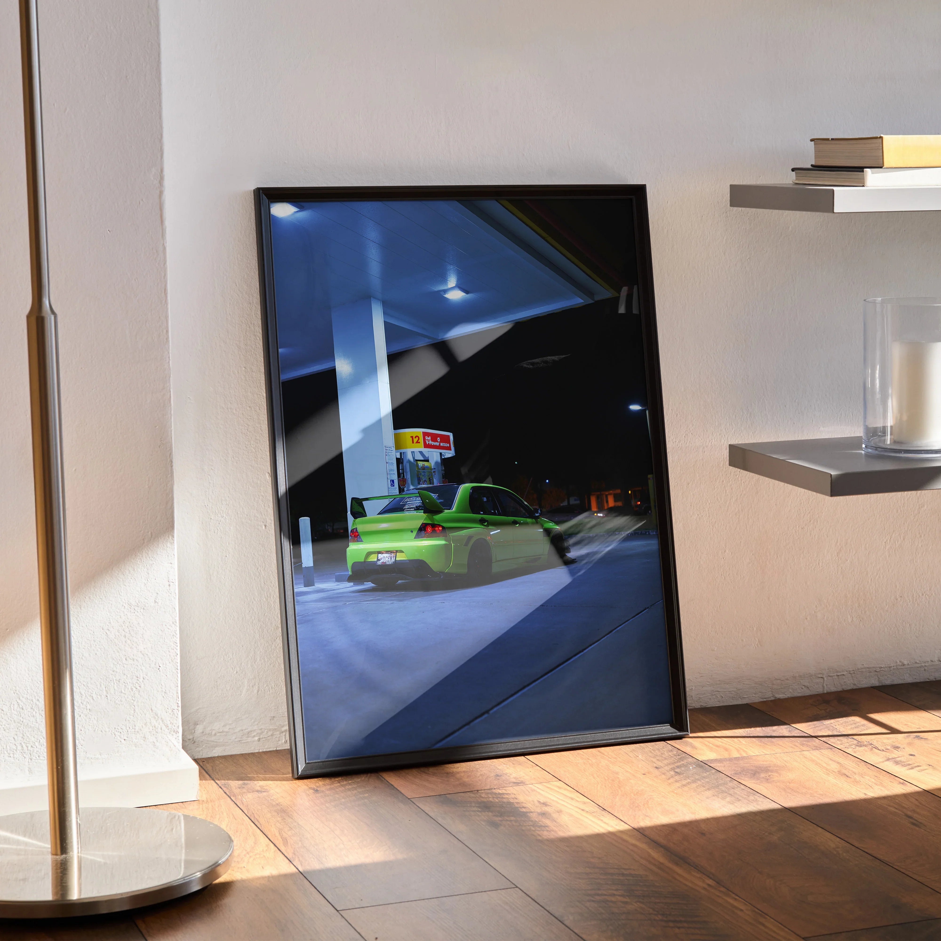 Mitsubishi Evo 9 Poster wall art featuring a green Evo at night under bright lights in a sleek black frame.