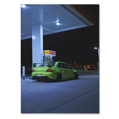 Mitsubishi Evo 9 in bright green parked under gas station lights at night poster wall art.