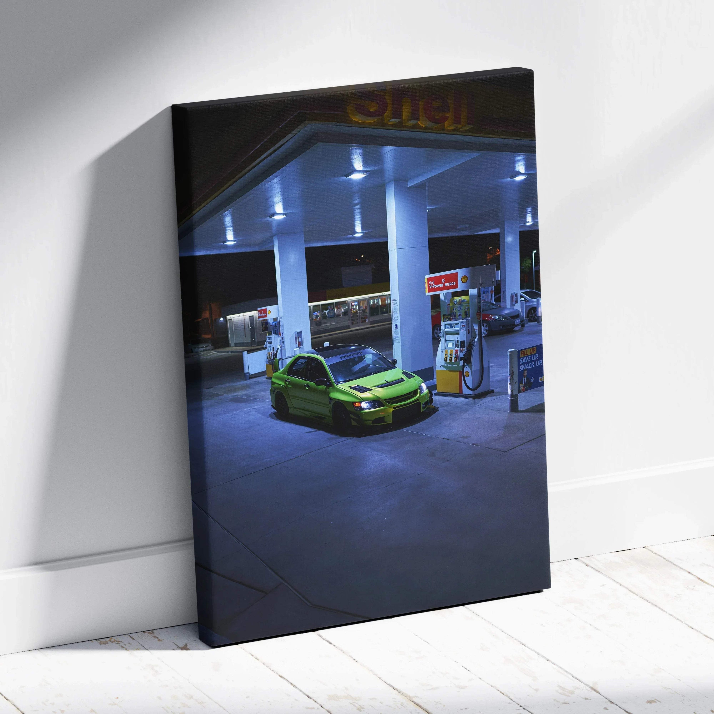 Mitsubishi Evo 9 green car at gas station night scene vertical canvas wall art.