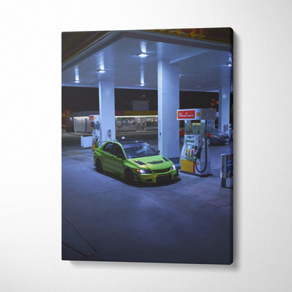 Vertical canvas art of a green Mitsubishi Evo 9 parked at a gas station at night, high-resolution wall art.