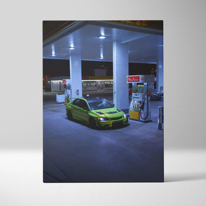 Mitsubishi Evo 9 in green under gas station lights canvas wall art print.