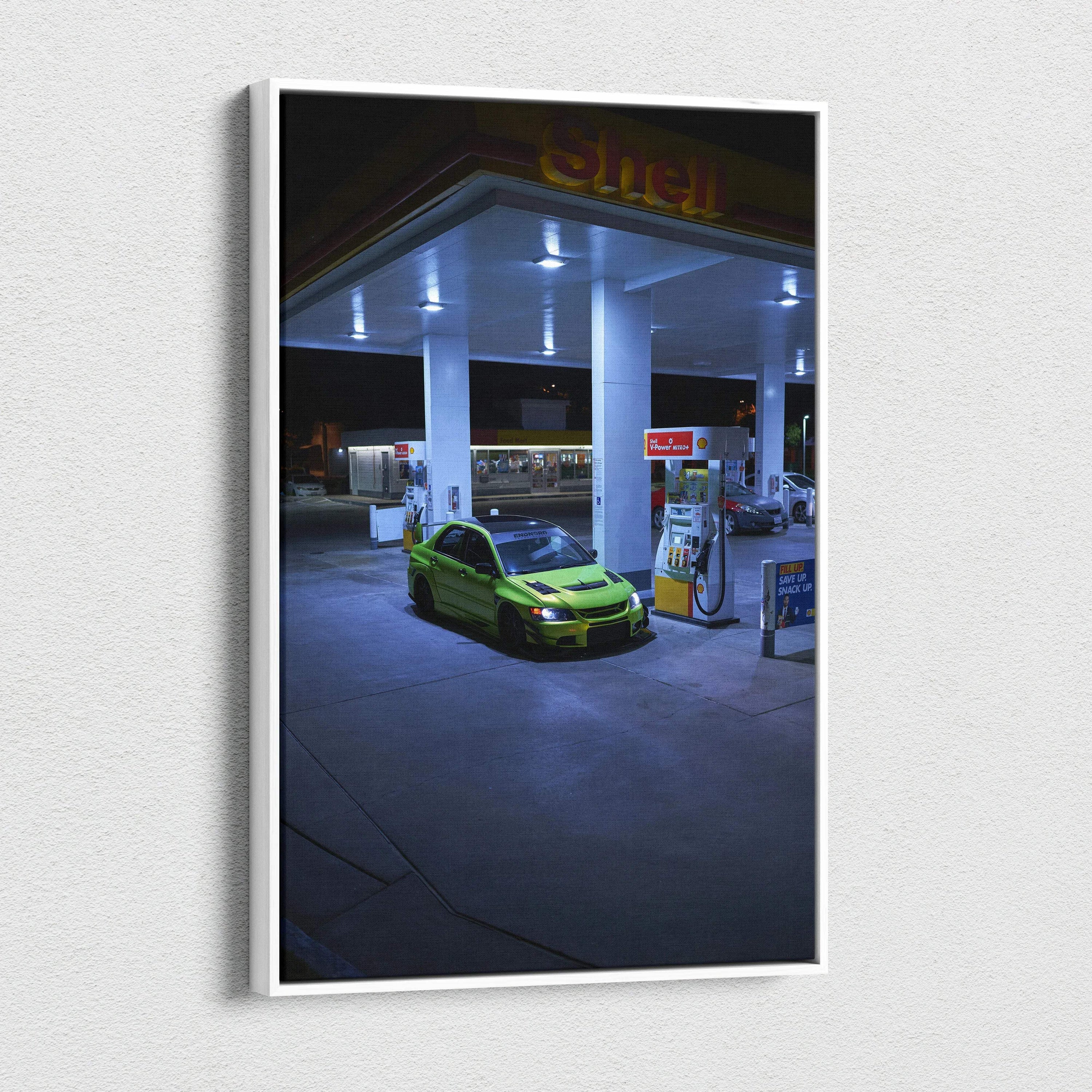Vertical canvas art featuring a green Mitsubishi Evo 9 parked at a gas station illuminated at night.