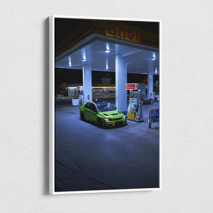 Vertical canvas art featuring a green Mitsubishi Evo 9 parked at a gas station illuminated at night.