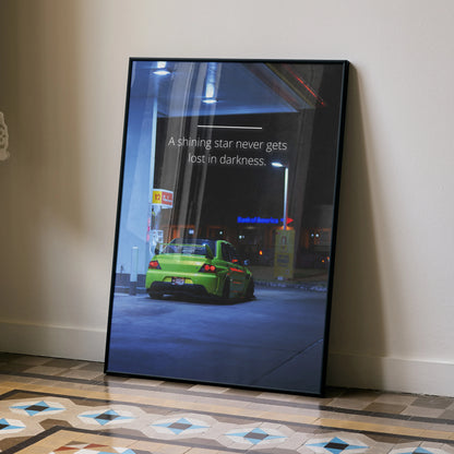 Motivational poster wall art featuring green Mitsubishi Evo 9 under streetlights with inspiring text.