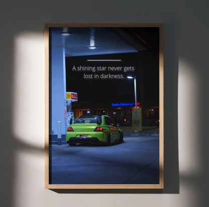 Motivational poster wall art featuring bright green Mitsubishi Evo 9 with inspiring text on dark urban night background.