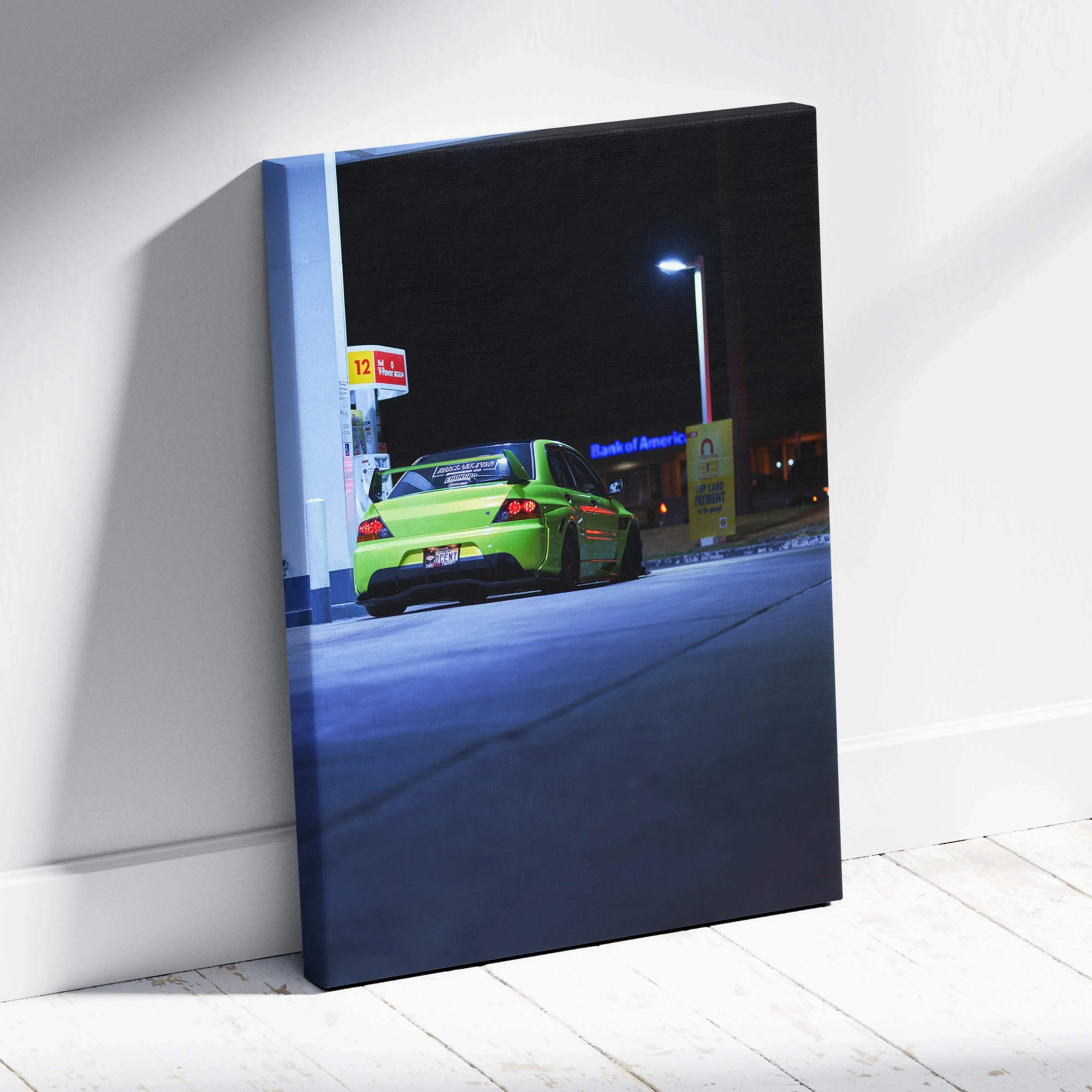Mitsubishi Evo 9 night street scene canvas art with vivid green car, vertical wall art print.