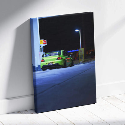 Mitsubishi Evo 9 night street scene canvas art with vivid green car, vertical wall art print.