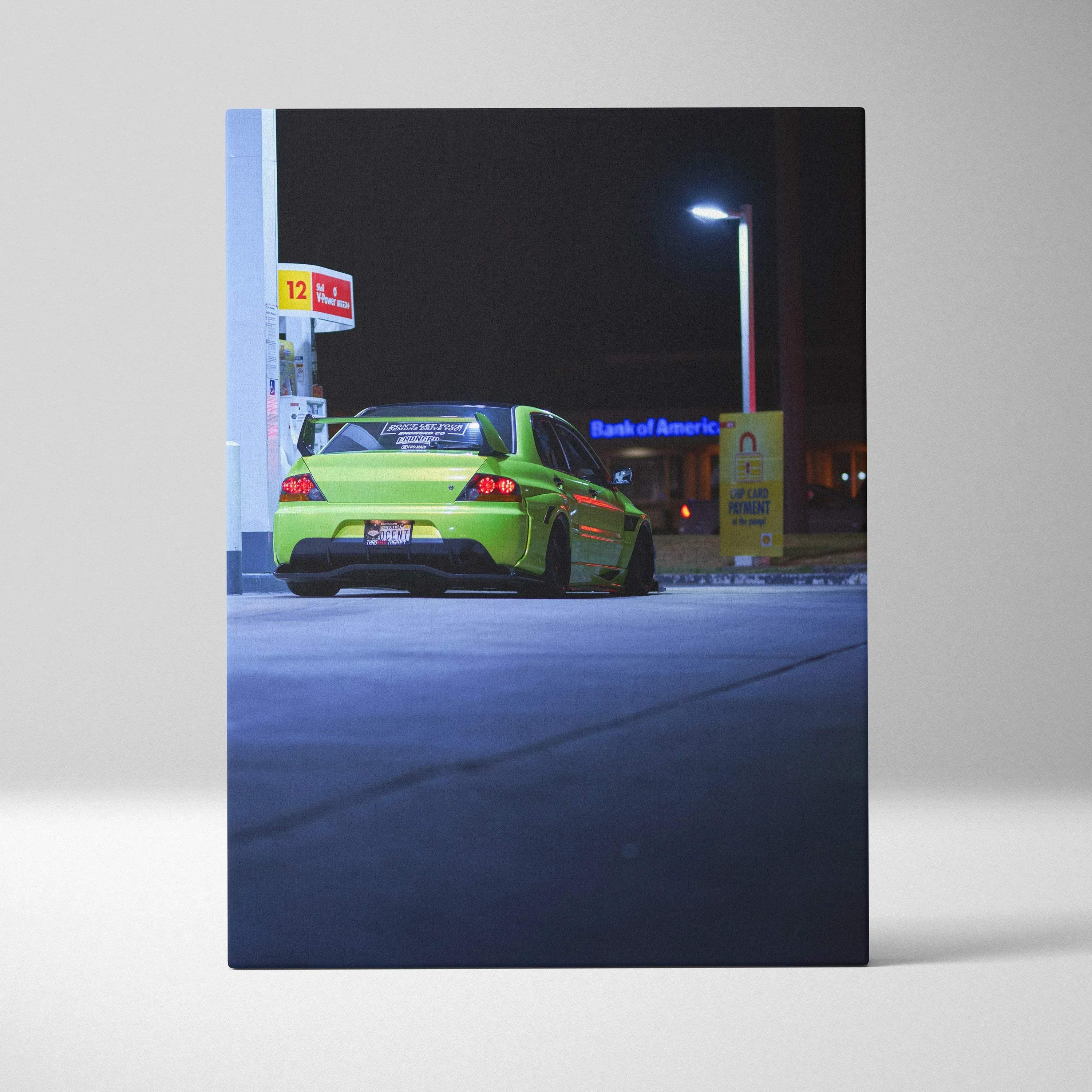 Mitsubishi Evo 9 in green at night street scene vertical canvas art wall decor.
