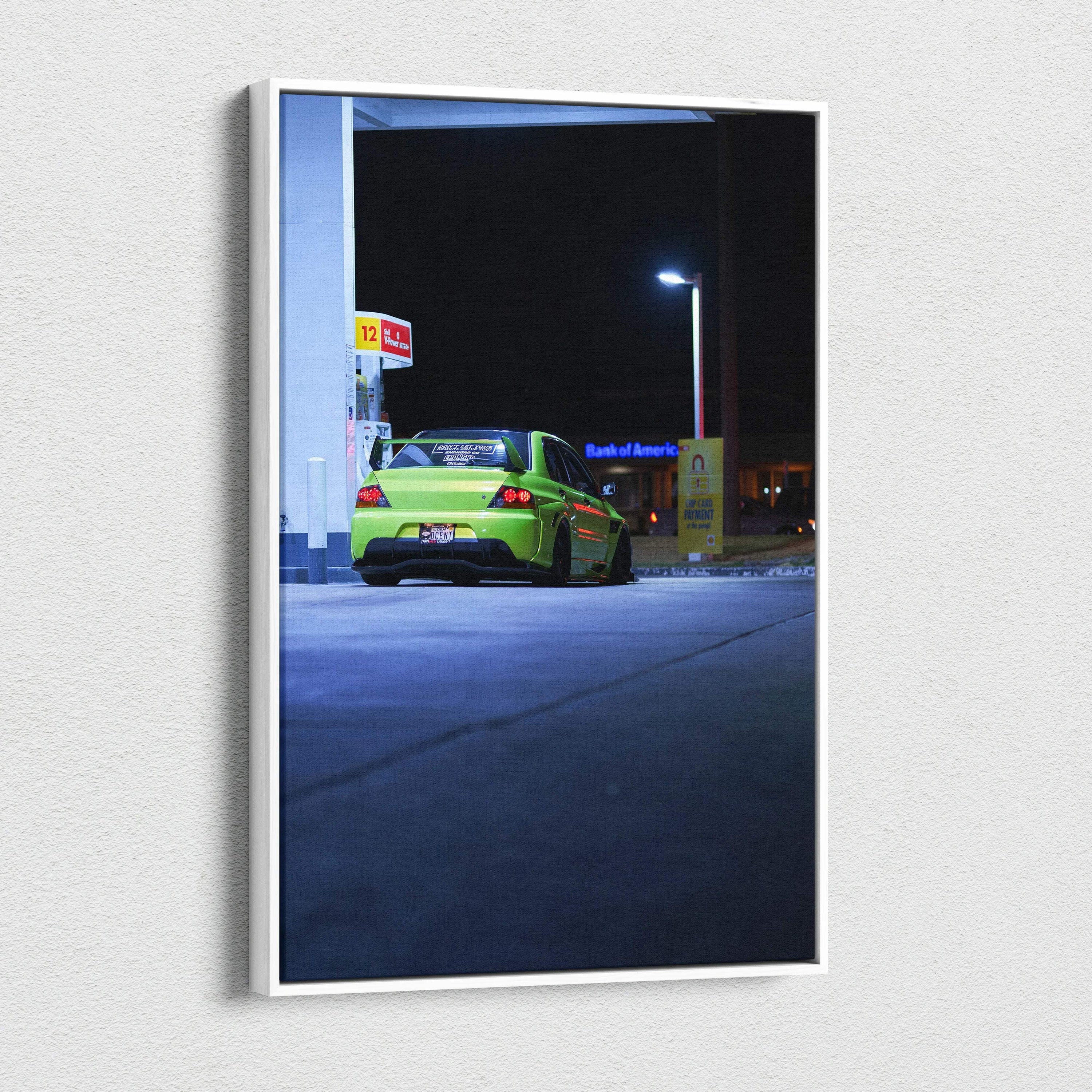 Mitsubishi Evo 9 canvas art showing green car at gas station at night, vertical wall art.