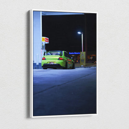 Mitsubishi Evo 9 canvas art showing green car at gas station at night, vertical wall art.