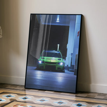 Mitsubishi Evo 9 in green racing at night street scene poster wall art.