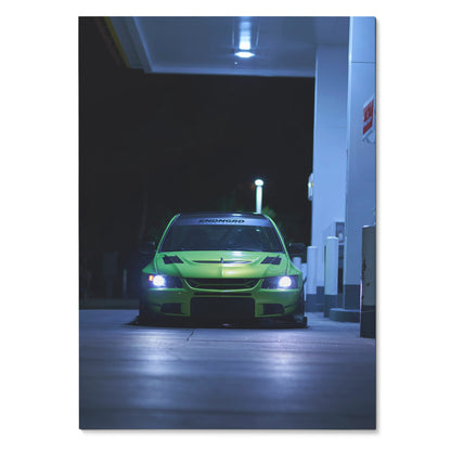 Mitsubishi Evo 9 glowing headlights night scene poster wall art in high resolution.