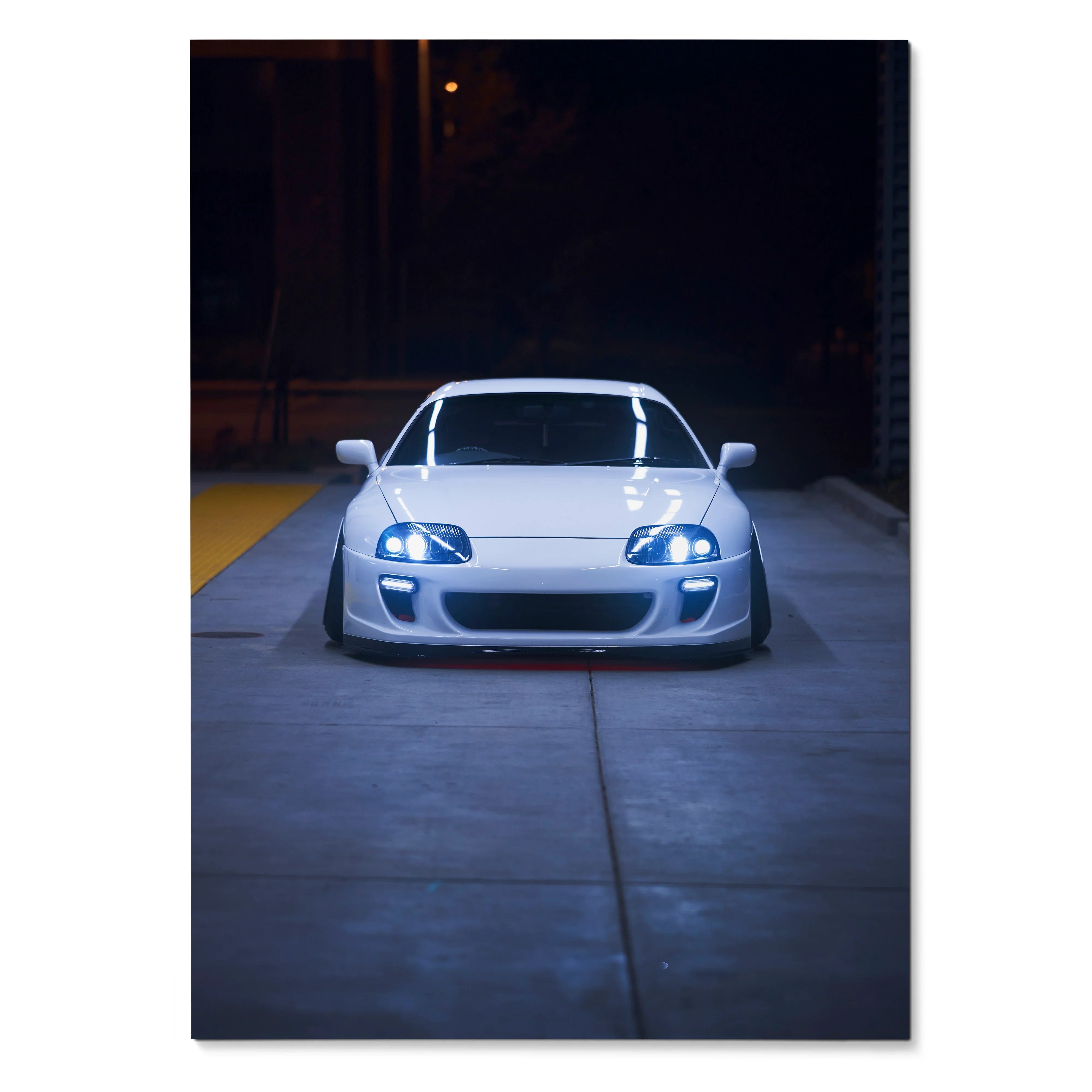 Toyota Supra MK4 front view nighttime poster wall art with glowing headlights.