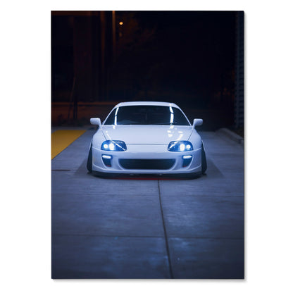 Toyota Supra MK4 front view nighttime poster wall art with glowing headlights.