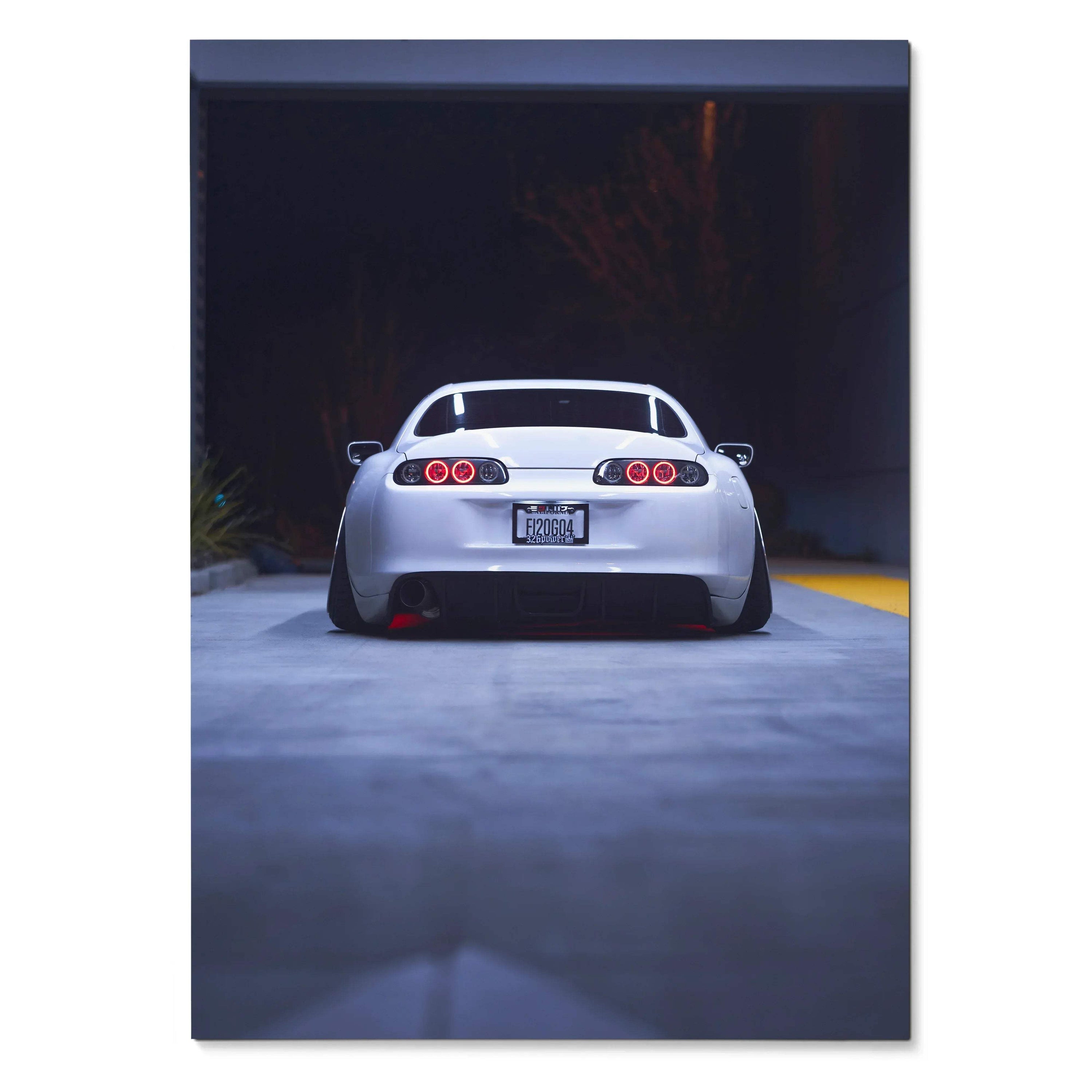 Toyota Supra MK4 rear view poster with dark background, high-resolution wall art.