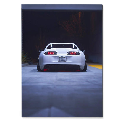 Toyota Supra MK4 rear view poster with dark background, high-resolution wall art.