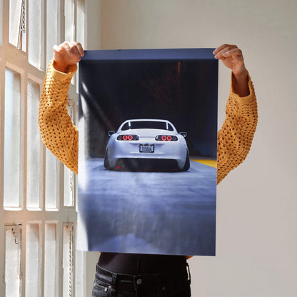 Toyota Supra MK4 rear view poster with dark background, glossy high-resolution wall art.