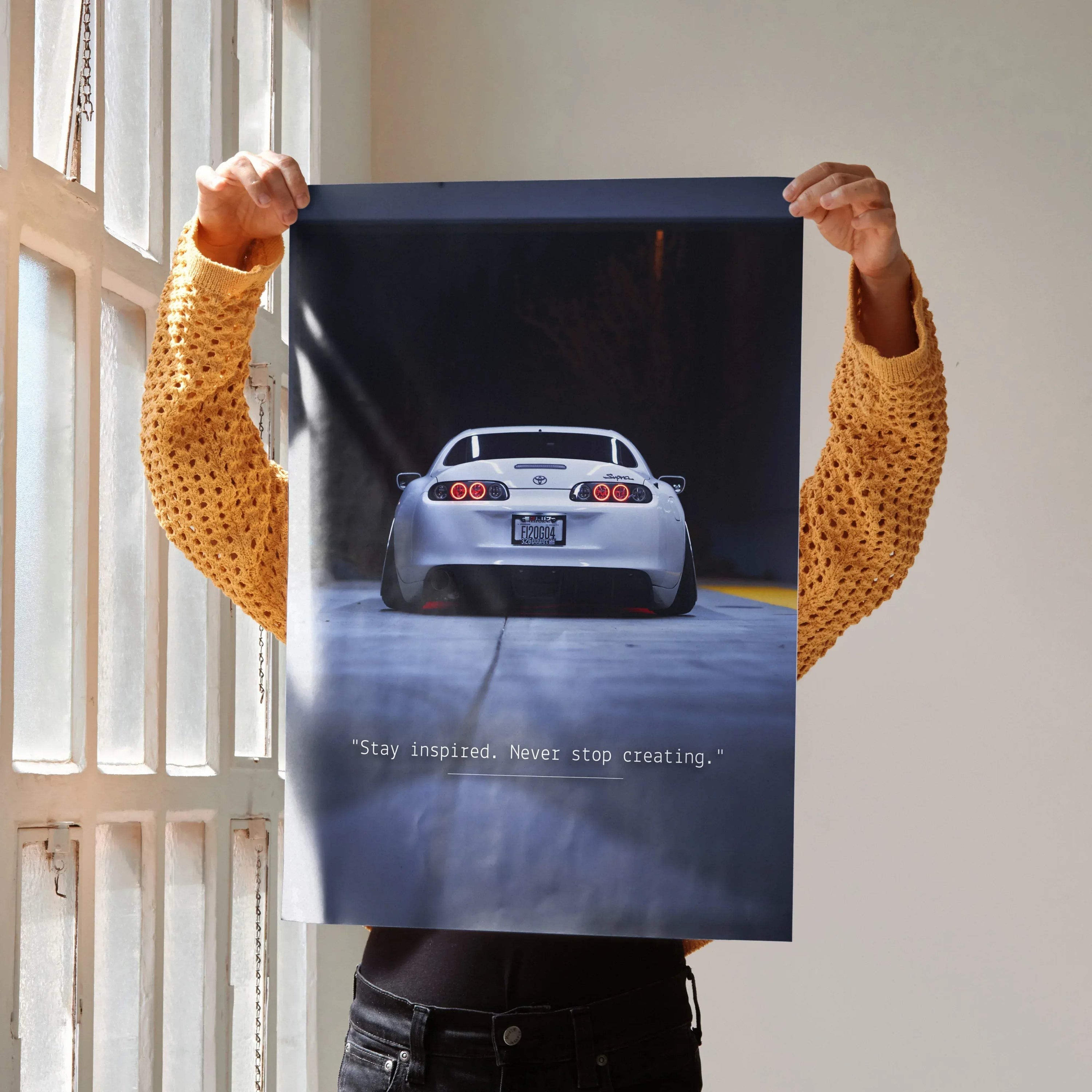 Toyota Supra Mk4 rear view poster motivational wall art with inspiring text.