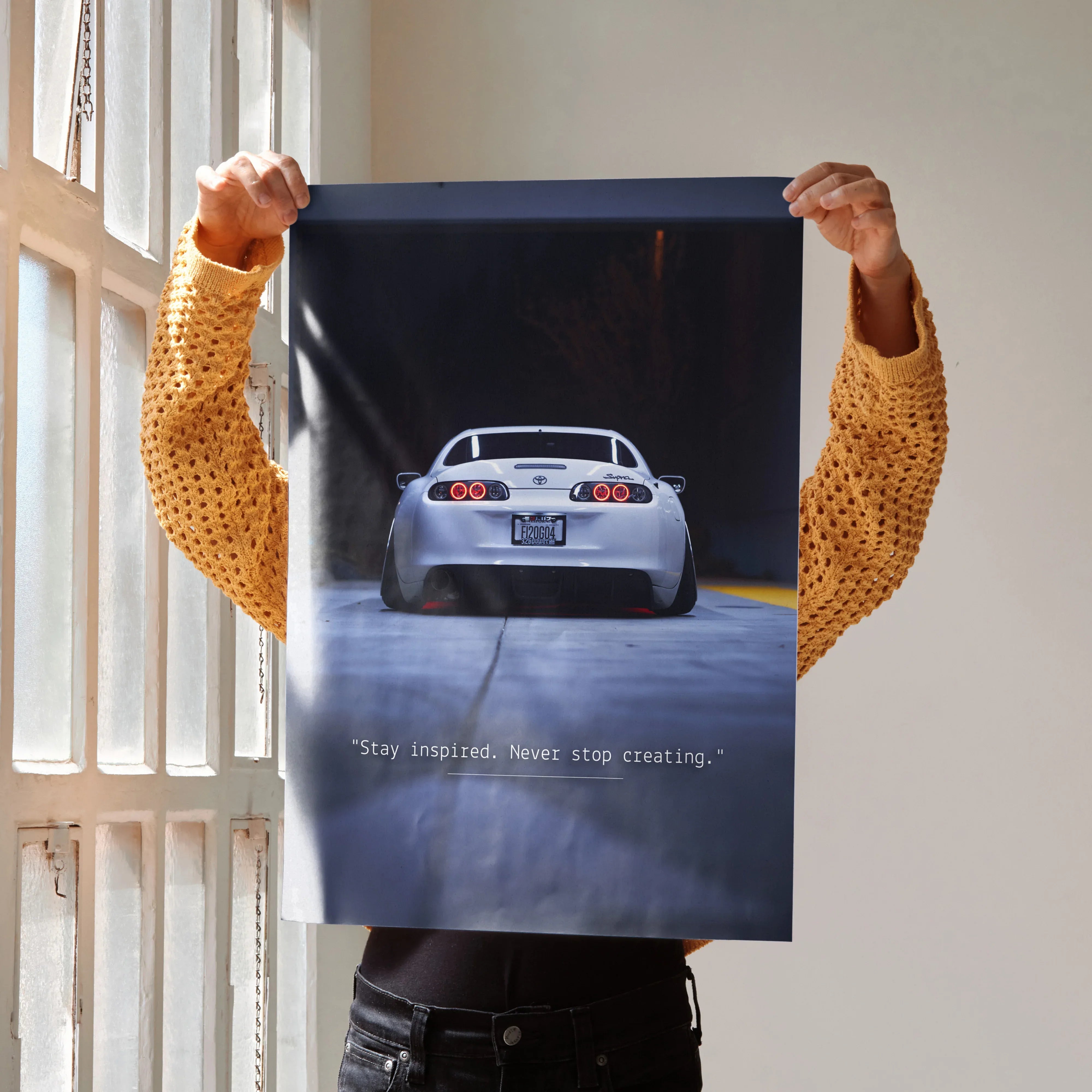 Toyota Supra Mk4 rear view poster motivational wall art with inspiring text.