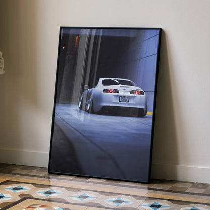 Toyota Supra MK4 rear view poster leaning against a wall, glossy high-resolution automotive wall art.