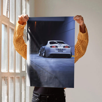 Toyota Supra MK4 rear view poster with dark, dramatic lighting, premium wall art print.