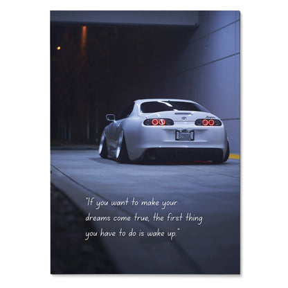 Toyota Supra Mk4 rear view poster with inspiring motivational text, wall art in dark urban setting.