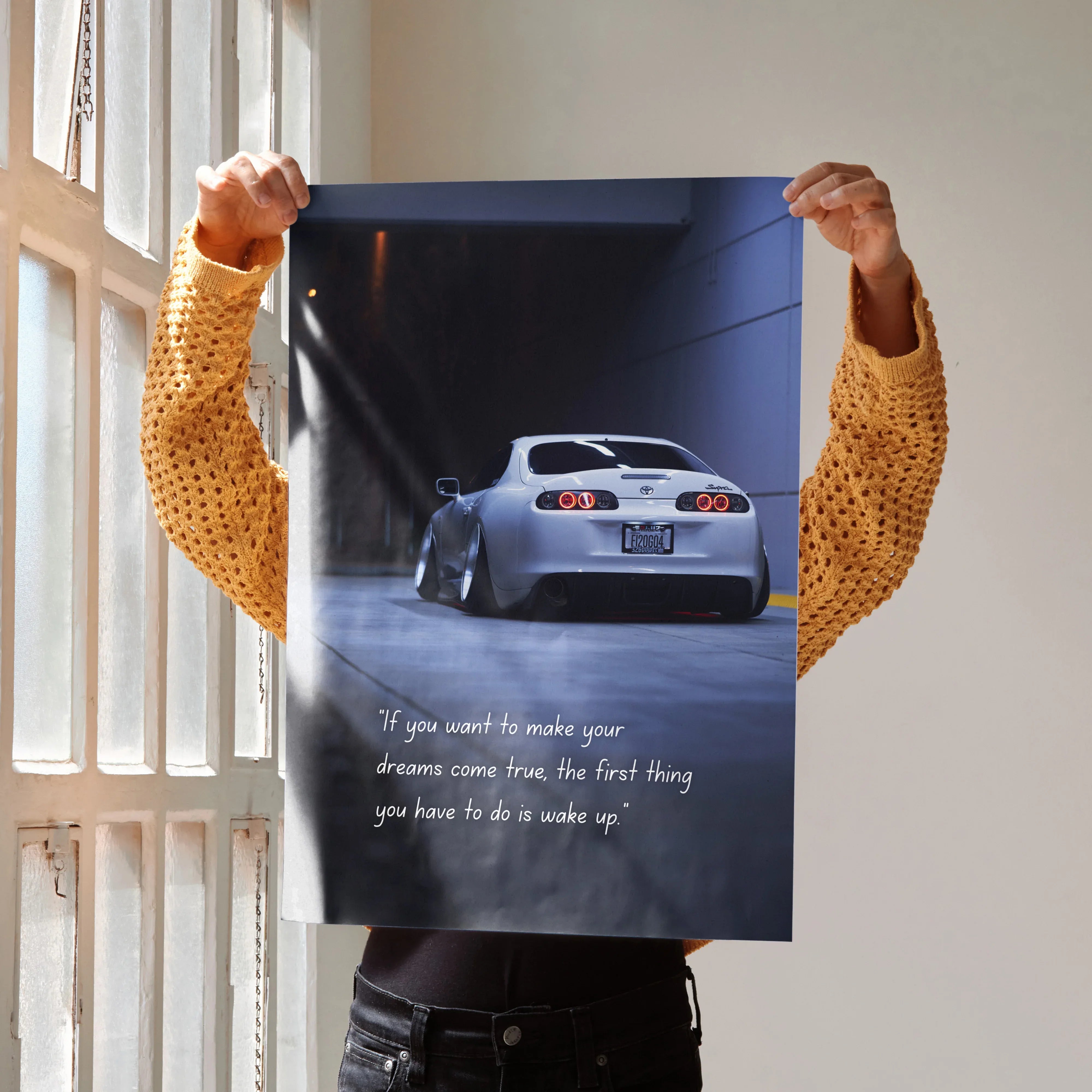 Toyota Supra Mk4 poster with sleek car image and motivational text wall art.