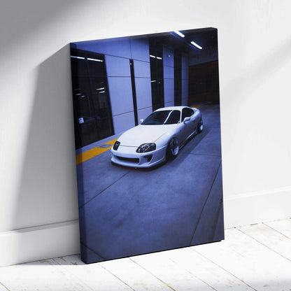 Toyota Supra MK4 sleek white sports car canvas wall art with modern garage background.