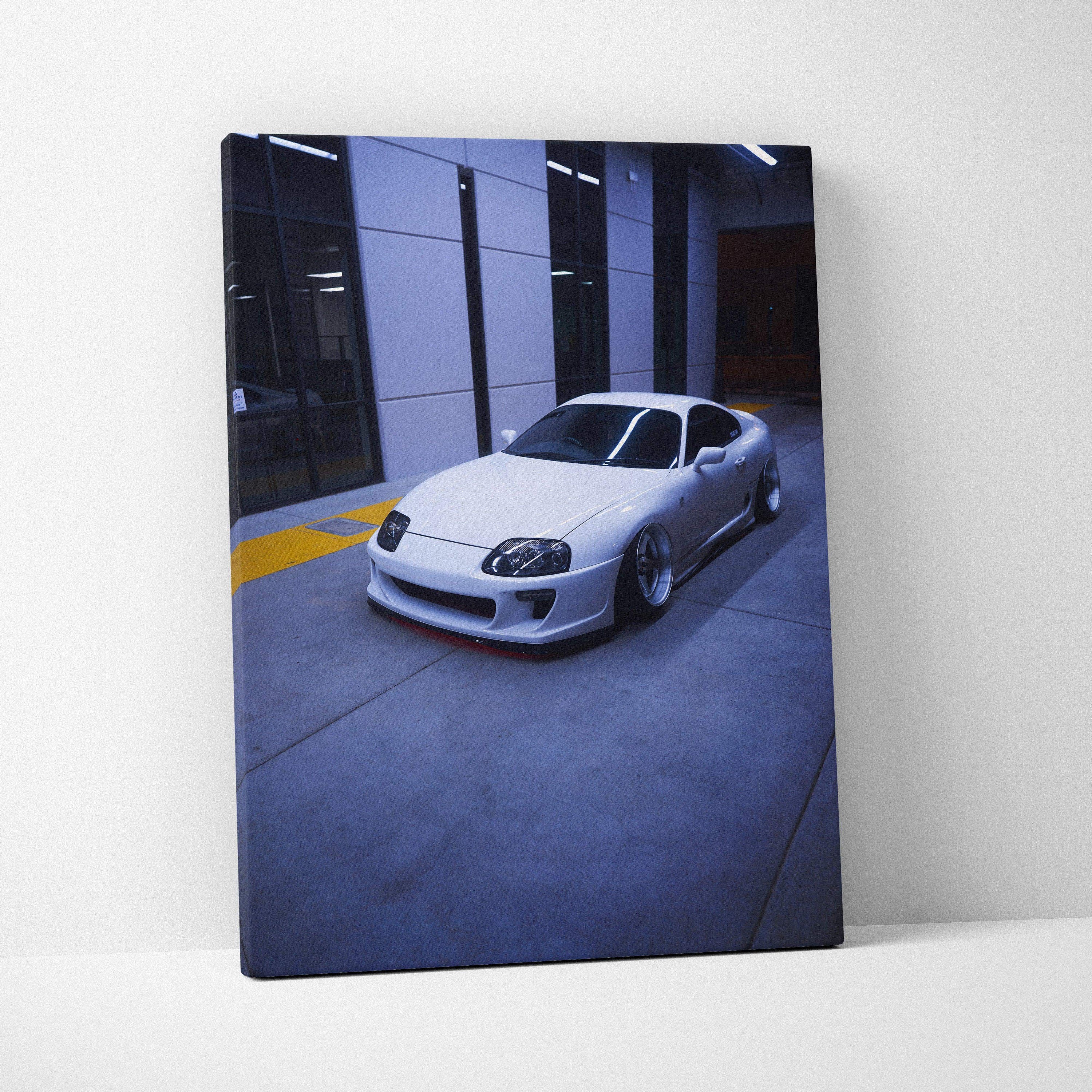 Toyota Supra MK4 white sports car canvas art with urban garage background wall art.