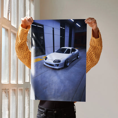 Toyota Supra MK4 white sports car poster with high-resolution wall art detail.