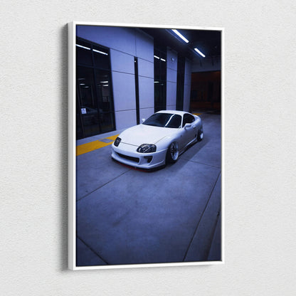 Toyota Supra MK4 sports car in sleek silver displayed on vertical canvas wall art with high-resolution detail.
