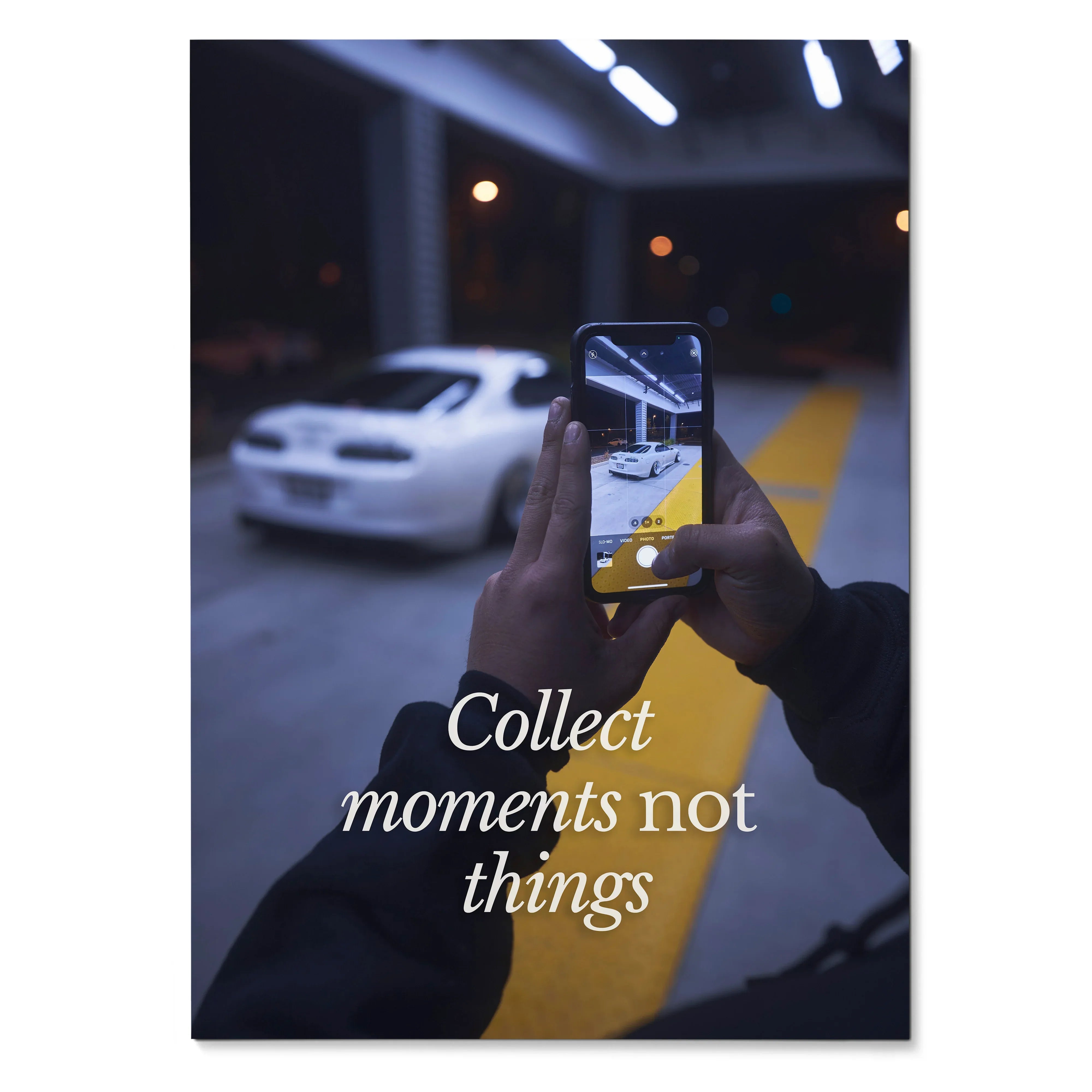 Motivational poster with Toyota Supra Mk4 background and inspiring text "Collect moments not things" wall art.