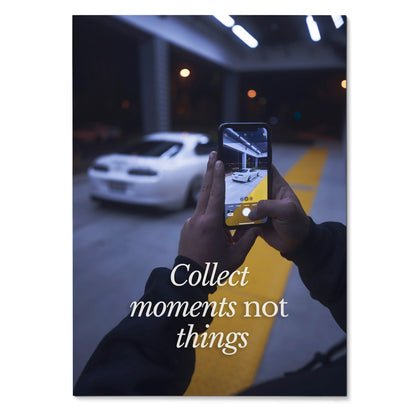 Motivational poster with Toyota Supra Mk4 background and inspiring text "Collect moments not things" wall art.