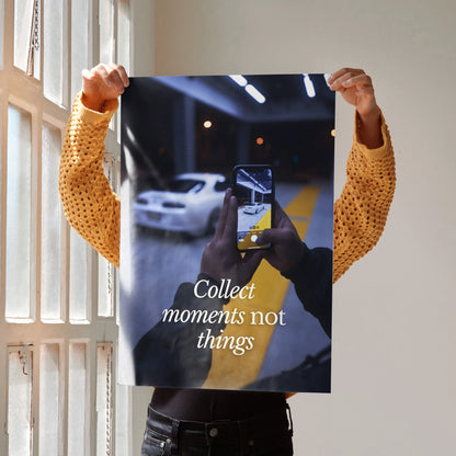 Motivational poster wall art with "Collect moments not things" text and Toyota Supra Mk4 photo.