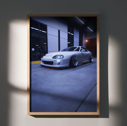 Toyota Supra MK4 in silver parked in modern garage, automotive poster wall art.