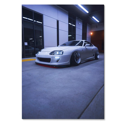 Toyota Supra MK4 in silver parked indoors with low lighting, automotive poster wall art.
