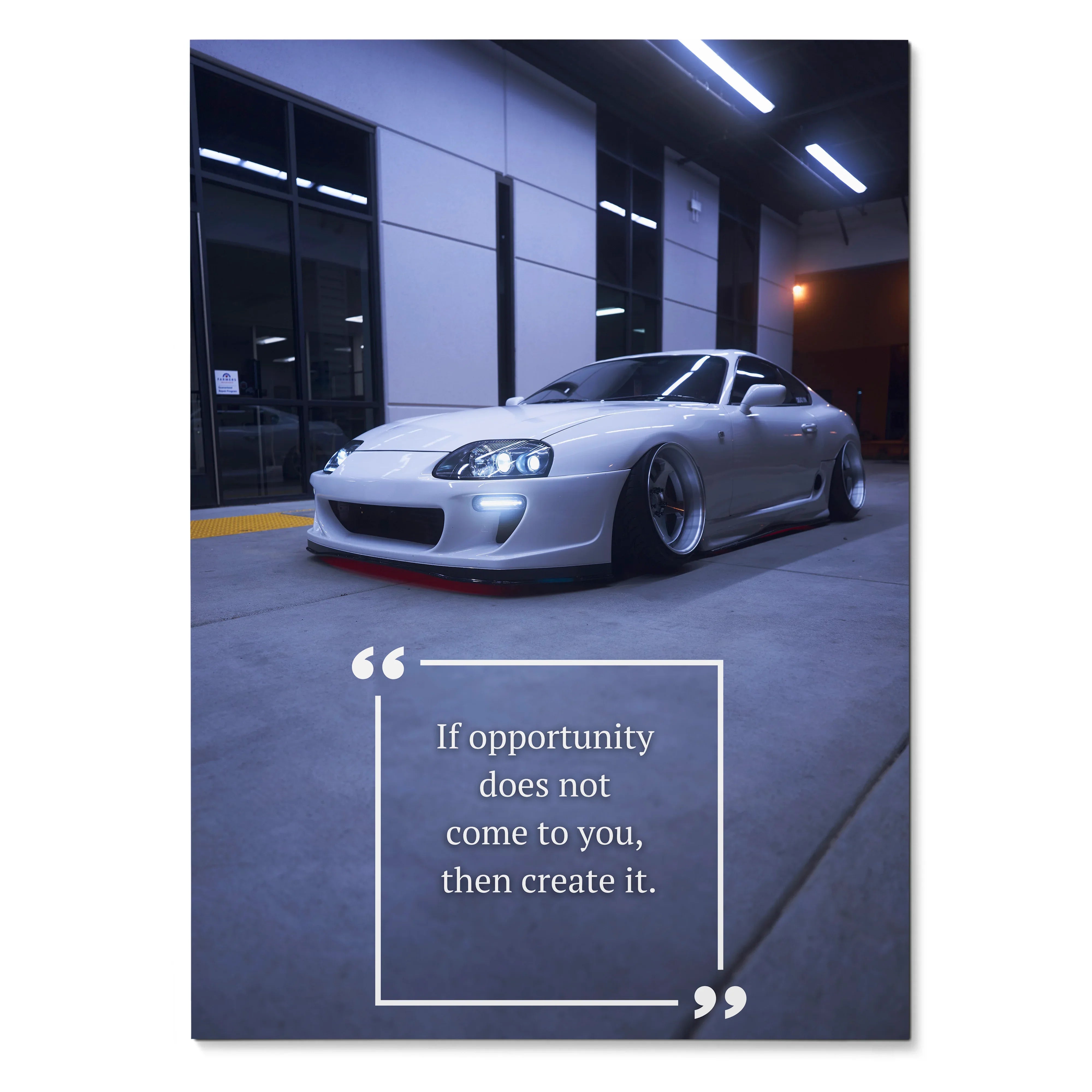 Toyota Supra Mk4 motivational poster wall art with inspiring white text on dark background.