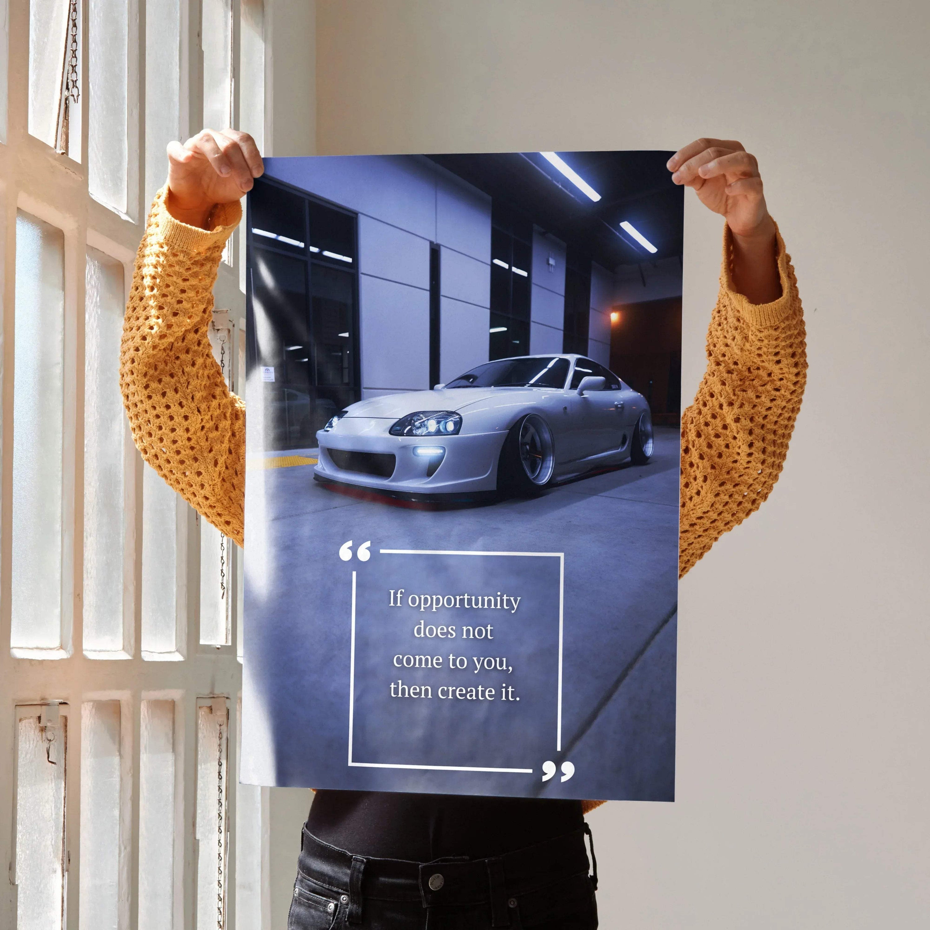 Toyota Supra Mk4 poster wall art with motivational quote on urban night background.